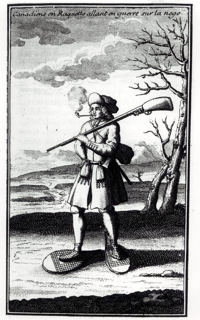كندي مع حذاء ثلجي يذهب إلى الحرب على الثلج ، من Histoire de lAmerique septentrionale بواسطة Bacqueville de La Potherie (1663-1736) نشر في 1753 بواسطة المدرسة الفرنسية