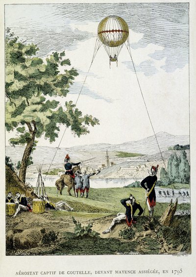 Captive aerostat by Jean Marie Joseph (Jean-Marie-Joseph) Coutelle (1748-1835), before Mainz assiegee بواسطة المدرسة الفرنسية