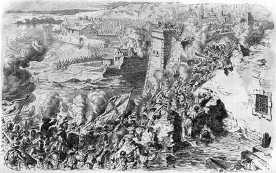 تم الاستيلاء على Lagny بواسطة Farnese في عام 1590 ، بعد نقش قديم. في "" التاريخ الشعبي في فرنسا "، sd. حوالي عام 1885. نقش. بواسطة المدرسة الفرنسية