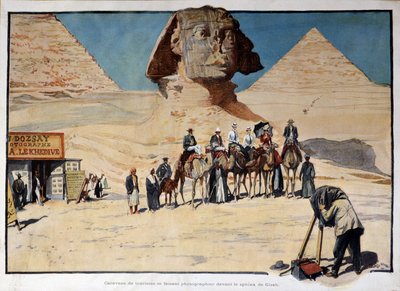 قافلة من السياح يتم تصويرها أمام تمثال أبو الهول بالجيزة (الجيزة ، الجيزة) بواسطة المدرسة الفرنسية