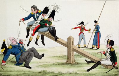 رسم كاريكاتوري يصور لويس الثامن عشر (1755-1824) نابليون (1769-1821) والحلفاء في وقت Cent-Jours في عام 1815 بواسطة المدرسة الفرنسية