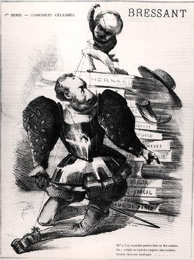 رسم كاريكاتوري لجان بابتيست فرانسوا بريسانت (1815-1886) في دور دون كارلوس في "هرناني" بقلم فيكتور هوغو (1802-1885) ، رسم توضيحي لغلاف "Le Masque" ، 27 أغسطس 1867 (نقش) (صورة b / w) بواسطة المدرسة الفرنسية