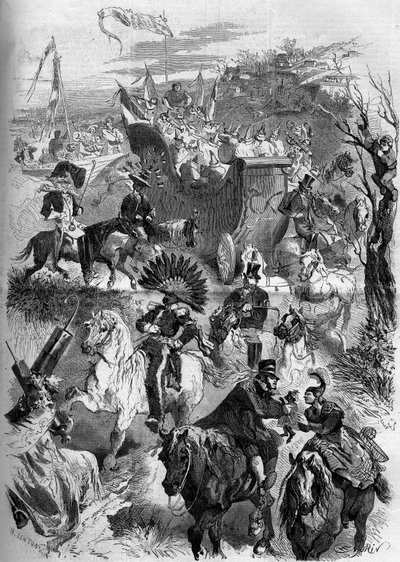 كرنفال ماردي غرا ، فرنسا ، 8 مارس 1859: نزول حفلة تنكرية سيفر إلى باريس. نقش في "" Le Monde Illustré "" رقم 100 بتاريخ 19 مارس 1859. بواسطة المدرسة الفرنسية