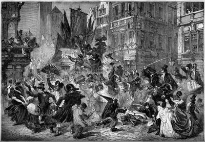 مشهد الكرنفال في شوارع أنتويرب (بلجيكا) عام 1860. نقش في "" Le Monde Illustré "رقم 151 بتاريخ 3 مارس 1860. بواسطة المدرسة الفرنسية