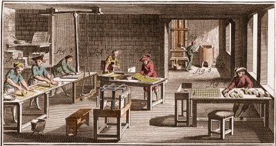 كارتييه - تصنيع أوراق اللعب - "" الموسوعة الكبرى ، ou Dictionnaire Raisonne des Sciences، des Arts et des Metiers "" (موسوعة أو قاموس العلوم والفنون والمهن) بقلم دينيس ديدرو (1713-1784) وجان د ' المبيرت (1717- بواسطة المدرسة الفرنسية