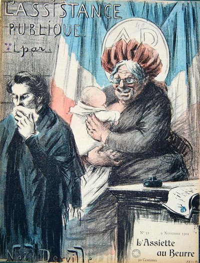 كارتون ينتقد المساعدة الشعبية ، كاريكاتير من 'L'Assiette au Beurre' بواسطة المدرسة الفرنسية