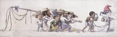 رسم كاريكاتوري يصور فرنسا على أنها تاجر الرقيق في مستعمراتها ، حوالي 1845 - 1848 (قلم حبر وألوان مائية على ورق) بواسطة المدرسة الفرنسية
