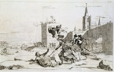 رسم كاريكاتوري يصور مادموزيل دي مونبينسييه (غراندي مادموزيل) "" تجتاح فرنسا مازارين وآخرون أنصار "" بواسطة المدرسة الفرنسية