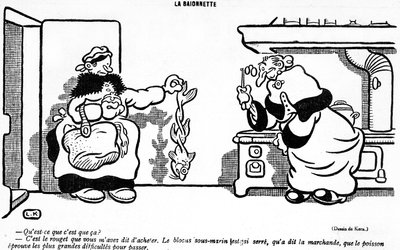 رسم كاريكاتوري يصور التأثير الكارثي لحصار الغواصات على سمكة تم شراؤها في سوق فرنسية ، من يوم كذبة أبريل (Poisson dArril) من مجلة La Baionette ، 29 مارس 1917 بواسطة المدرسة الفرنسية