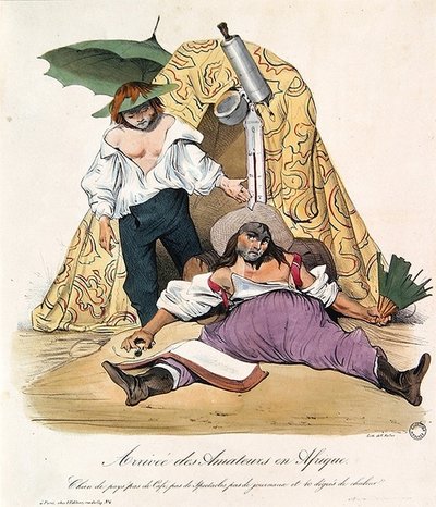 الرسوم المتحركة السخرية من الفنانين الفرنسيين في الجزائر ، حوالي 1830 (ليثو ملون) بواسطة المدرسة الفرنسية