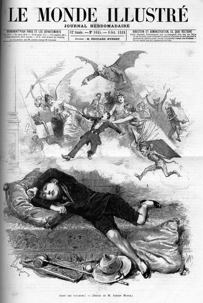 رسم كاريكاتوري لتلميذ شاب يتألق من نهاية الإجازة ويقترب من إيجار الفصل في عام 1888. بواسطة المدرسة الفرنسية