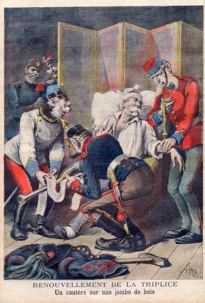 رسم كاريكاتوري للتحالف الثلاثي لألمانيا والنمسا وإيطاليا ، من Le petit Journal ، يونيو ١٨٩٦ بواسطة المدرسة الفرنسية