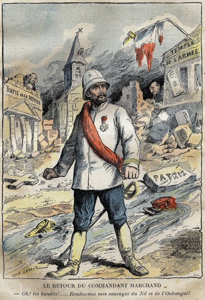Cartoon on commander Jean-Baptiste (Jean Baptiste) Marchand (1863-1934), in Toulon, returning from an exploration mission (1896-1899) in Africa. Engraving in “” Le Pelerin”” 4/06/1899. بواسطة المدرسة الفرنسية