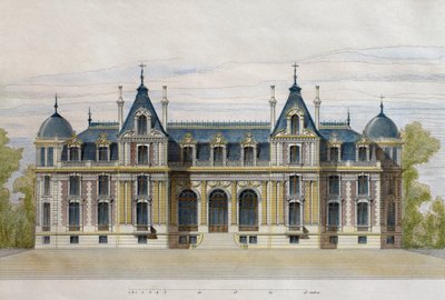 قلعة Neuflize تنتمي إلى Pate Brothers ، واجهة حديقة ، رسم توضيحي من Le Moniteur des architectes ، 1884 ، منقوش بواسطة F. Penel (نقش الألوان) بواسطة المدرسة الفرنسية