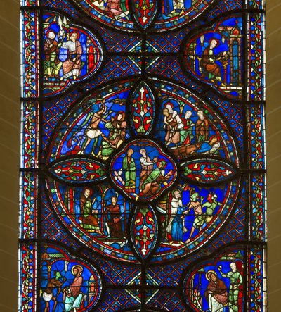 Cathedrale de Chartres ، الزجاج المعشق: حياة القديس أنطوان والقديس بول ، النساك ، التفاصيل في المركز بواسطة المدرسة الفرنسية