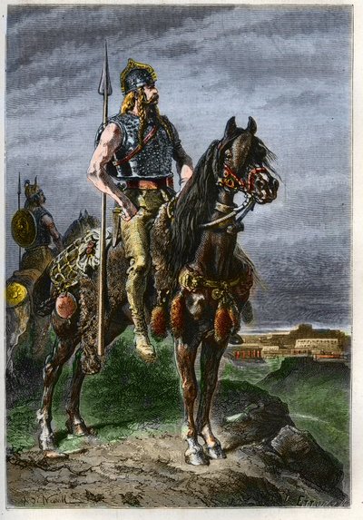 فارس غولوا - الغال على ظهور الخيل في الإمبراطورية الرومانية القديمة - نقش من "" تاريخ فرنسا الذي روى لأحفادي "" - بقلم فرانسوا غيزو - 1872-1876 بواسطة المدرسة الفرنسية