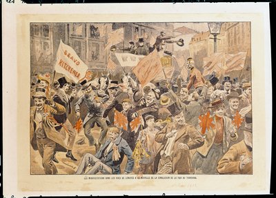 الاحتفالات في شوارع لندن بعد أنباء إبرام السلام في الترانسفال ، مايو 1902 (طباعة) بواسطة المدرسة الفرنسية