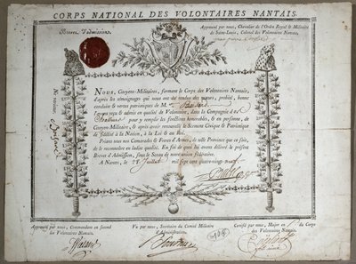 شهادة القبول في الحرس الوطني للمتطوعين في نانت ، 1789 بواسطة المدرسة الفرنسية