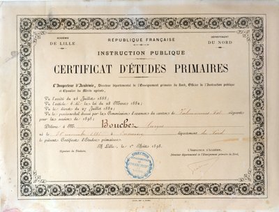 شهادة التعليم الابتدائي ، أكاديمي دي ليل ، 1898 (حبر على ورق) بواسطة المدرسة الفرنسية