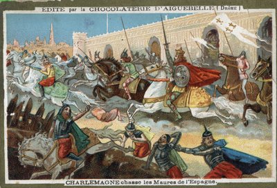 شارلمان (742-814) يطارد المغاربة من إسبانيا. الطباعة الحجرية الملونة في القرن التاسع عشر. بواسطة المدرسة الفرنسية