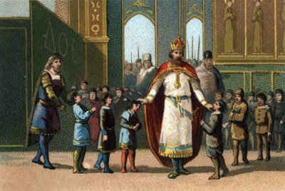 شارلمان ملك فرنسا 768-814 مؤسس المدرسة يشرف على الفصول. الطباعة الحجرية الملونة حوالي عام 1890. بواسطة المدرسة الفرنسية