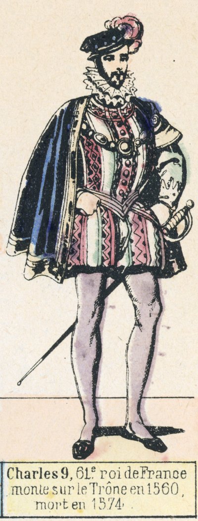 تشارلز 9 ، ملك فرنسا الحادي والستون ، اعتلى العرش عام 1560 ، وتوفي عام 1574 (نقش ملون) بواسطة المدرسة الفرنسية
