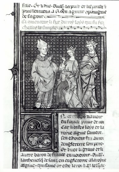 تشارلز الثالث (879-929) البسيط مع زوجته وابنه لويس الرابع (921-954) ، Grandes Chroniques de France ، 1375-79 بواسطة المدرسة الفرنسية