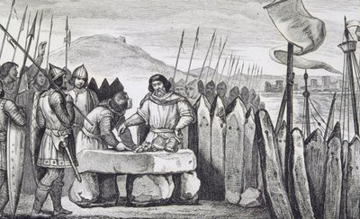 تشارلز الثالث الدهون (839-88) يدفع سداد غزاة الفايكنج في 886 ، من "هيستوار دي فرانس" من قبل كولارت ، نُشر عام 1840 (النقش) بواسطة المدرسة الفرنسية