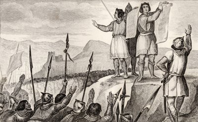 تشارلز الثاني (823-77) أصلع وشقيقه لويس الألماني يصنعان معاهدة في ستراسبورغ عام 842 ، من "هيستوار دي فرانس" بقلم كولارت ، نُشر عام 1840 بواسطة المدرسة الفرنسية
