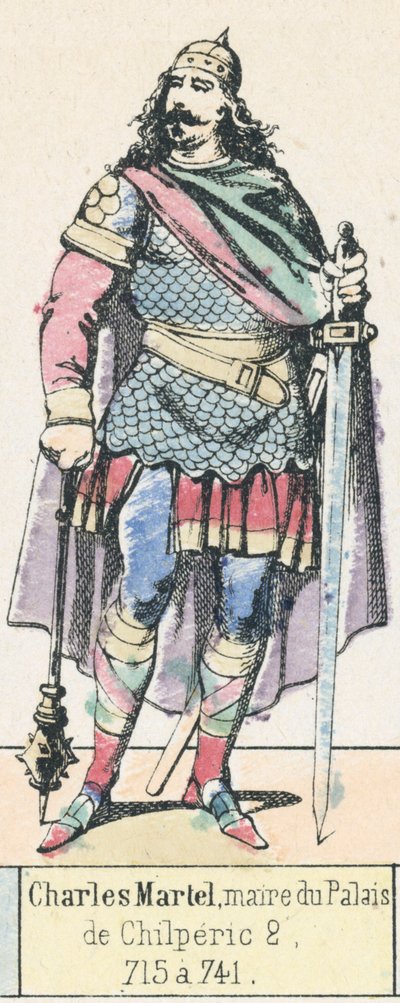 Charles Martel, maire du Palais, de Chilperic 2, 715 a 741 (coloured engraving) بواسطة المدرسة الفرنسية