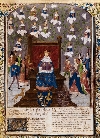 تشارلز السابع مع شجرة أنساب منزل فالوا ، من 'Grandes Chroniques de France' (رق) بواسطة المدرسة الفرنسية