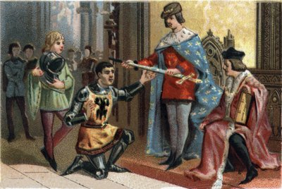 قام تشارلز الخامس الحكيم (1338-1380) بتسليم جسد الشخص المتصل برتراند دو جوسكلين (1320-1380) رسميًا. الطباعة الحجرية الملونة حوالي عام 1890. بواسطة المدرسة الفرنسية