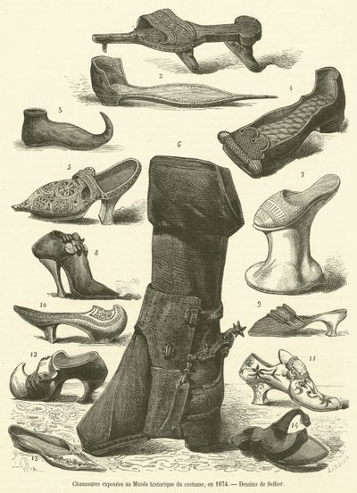 عرضت الأحذية في المتحف التاريخي للأزياء عام 1874 (نقش) بواسطة المدرسة الفرنسية