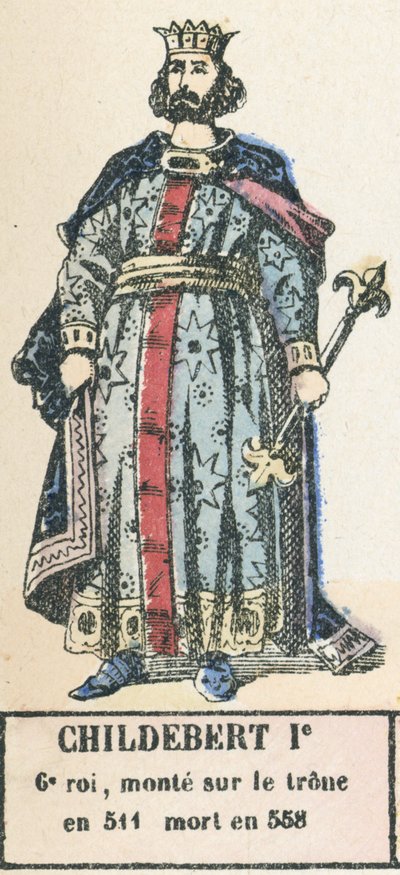 Childebert Ie, 6e roi, monte sur le trone en 511, mort en 558 (coloured engraving) بواسطة المدرسة الفرنسية