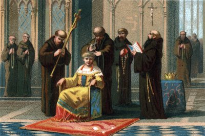 Childeric III ، ملك من 742 إلى 752 ، في دير Saint Bertin ، بالقرب من Saint-Omer ، حيث تم حبسه من قبل عمدة القصر الأسترالي ، Charles Martel ، 737. Chromolithography حوالي عام 1890. بواسطة المدرسة الفرنسية