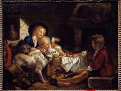 الأطفال ثلاثة أطفال صغار وكلبان في حظيرة. رسم المدرسة الفرنسية. مجموعة خاصة من القرن الثامن عشر بواسطة المدرسة الفرنسية