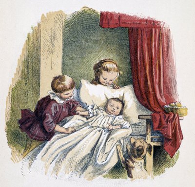 Children playing a doll in “” Schnik, schnak, trifles for the little ones””, children