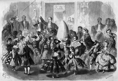كرة الأطفال تمنح تكريما ليوجين لويس نابليون (1856-1879) ، ابن نابليون الثالث. باريس ، 3 أبريل 1861. يشعر الأمير إمبريال (في الوسط) بخيبة أمل مثل بييرو. نقش في "" Le Monde Illustré "" رقم 210 بتاريخ 20 أبريل 1861. بواسطة المدرسة الفرنسية