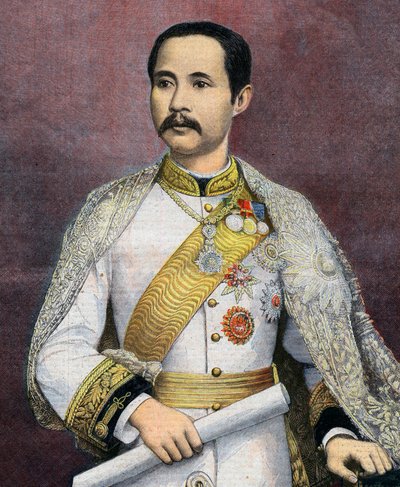 Chulalongkorn (1853-1910) ، ملك سيام. في عام 1897 أصبح شولالونغكورن أول ملك سيامي يزور أوروبا. رسم توضيحي من مجلة Le petit Journal بواسطة المدرسة الفرنسية