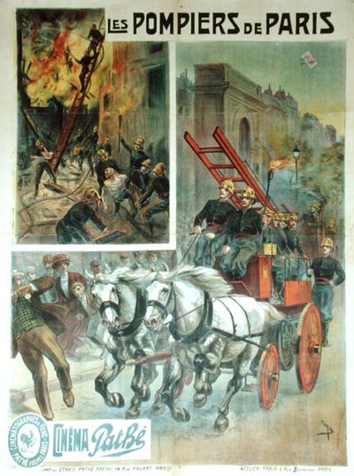 إعلان ملصق سينمائي "Les Pompiers de Paris" قبل عام 1914 (لون ليثو) بواسطة المدرسة الفرنسية
