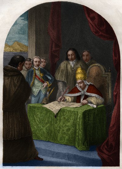 كليمنت الرابع عشر (كليمنت أو كليمنس) (1705-1774) ألغى جمعية اليسوعيين في 21 يوليو 1773. نقش من عام 1842 في "تاريخ الباباوات: الجرائم ، القتل ، التسمم ، قتل الأبناء ، الزنا ، سفاح القربى ... بقلم موريس لاكاتر. مجموعة خاصة. بواسطة المدرسة الفرنسية