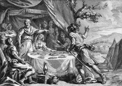 علم Clodion the Hair (حوالي 400-448) ، زعيم Salians Francs ، بالهجوم المفاجئ لقوات الجنرال Aetius ، Prefet of Gauls ، في 432. نقش من القرن الثامن عشر. بواسطة المدرسة الفرنسية