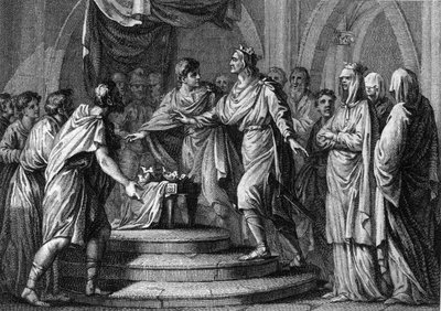 Clotaire (Clothaire) II (584-628) ، يترأس أول "Champ de mars" ، أو Placita (Plaids) ، وهو برلمان متنقل ، بعد إعادة توحيد ممالك فرنسا الأربع في 613. نقش القرن الثامن عشر. بواسطة المدرسة الفرنسية