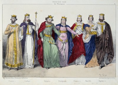 Clotaire (Clothaire) I, Caribert, Chilperic, Fredegonde, Clotaire II, Nantilde, Dagobert I - in “La monarchy francaise en estampes”” بواسطة المدرسة الفرنسية