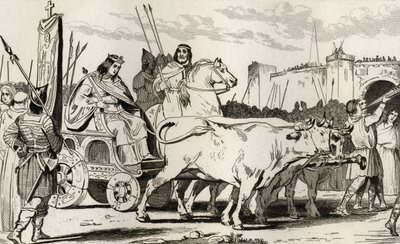 Clovis III (682-95) في عربة سحبها الثيران ، مع Pepin II of Herstal (c.714) يركب إلى جانبه ، من `` Histoire de France &39;&39; بواسطة Colart ، تم نشره عام 1840 بواسطة المدرسة الفرنسية