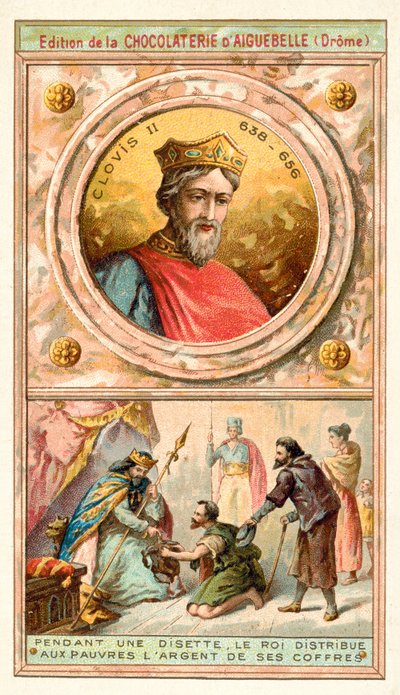 Clovis II giving money from his coffers to the poor during a time of hardship, 7th Century (chromolitho) بواسطة المدرسة الفرنسية
