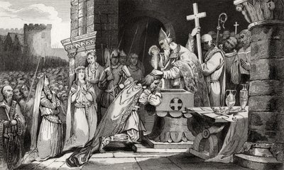 Clovis I (465-511) عمد مع رجال من جيشه قبل معركة Tolbiac ، من "Histoire de France" بواسطة Colart ، تم نشره عام 1840 بواسطة المدرسة الفرنسية