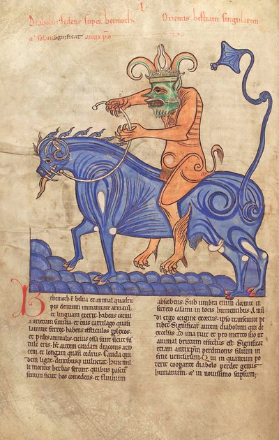 سمك القد. الجرف. 1 فالداخل. خط العرض. 41V ، إبليس يركب عملاقًا ، من Liber Floridus بقلم Lambert de Saint-Omer c.1120 بواسطة المدرسة الفرنسية