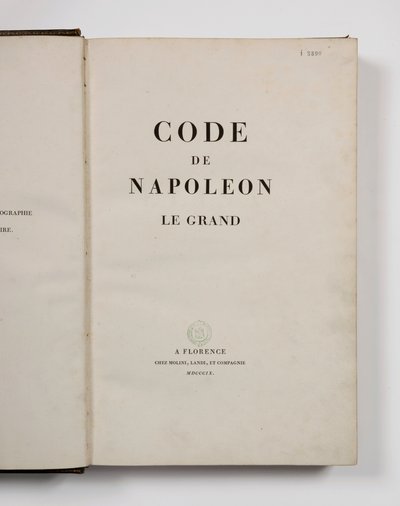 مدونة نابليون العظيم ، مفتوحة في صفحة العنوان ، نشرت فلورنسا ، موليني ، لاندي إت سي ، 1809 بواسطة المدرسة الفرنسية