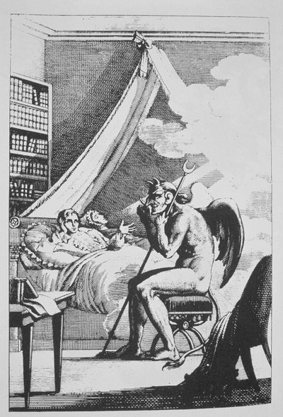 كولين دي بلانسي (1793-1887) يتحدث مع الشيطان ، من Le Diable Peint par Lui-meme (1825) موضحة في تاريخ السحر المنشور في أواخر القرن التاسع عشر بواسطة المدرسة الفرنسية